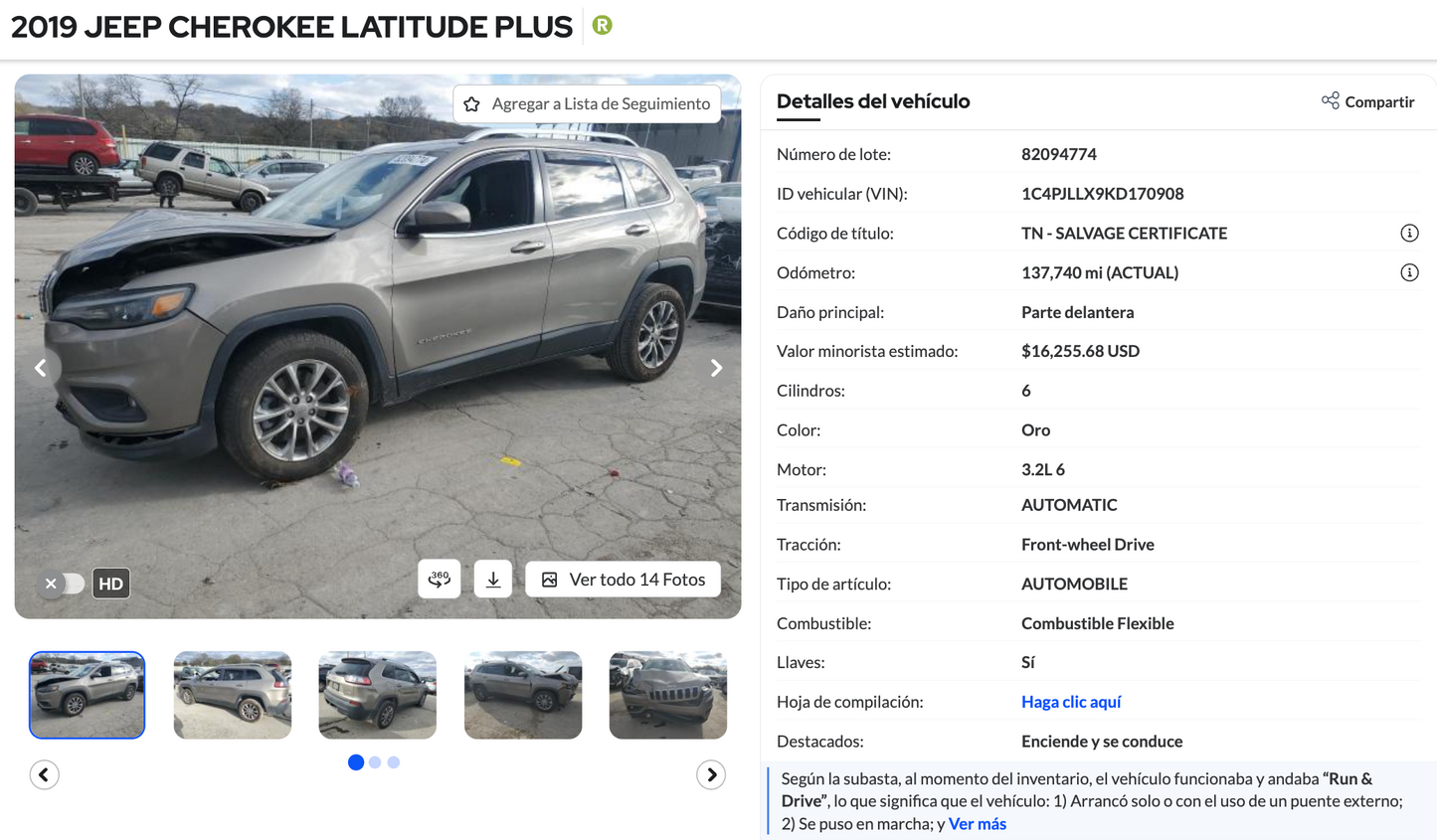 Jeep Cherokee Latitude Plus 2019 - Arranca y Camina - VENDIDA EN $5,800